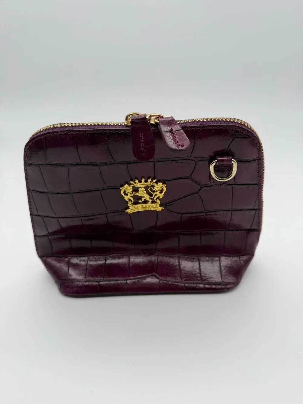 Pratesi Firenze Croc-Embossed Plum Cosmetic Case with Gold Crest Accent